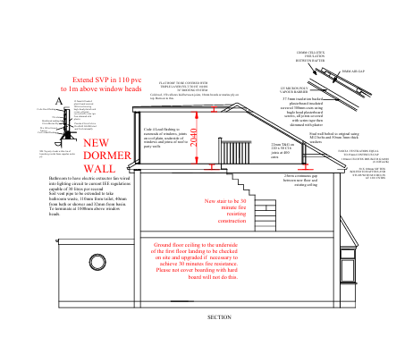 Loft Section for Building Control - architectural drawing by TM Designs Ltd