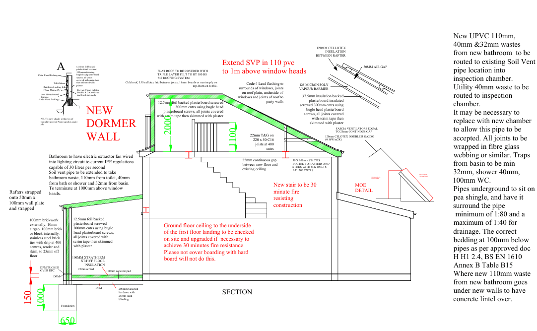 Rear extension and loft conversion section, Chedgrave — building control drawing by TM Designs
