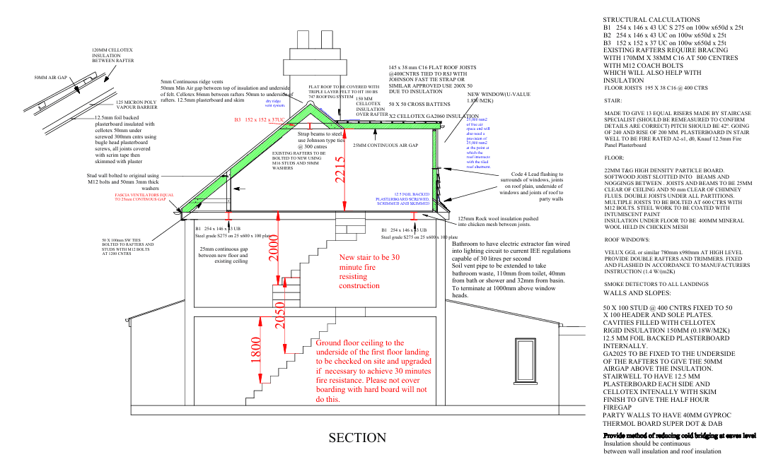 Loft Section for Building Control - Cambridge - architectural drawing by TM Designs Ltd